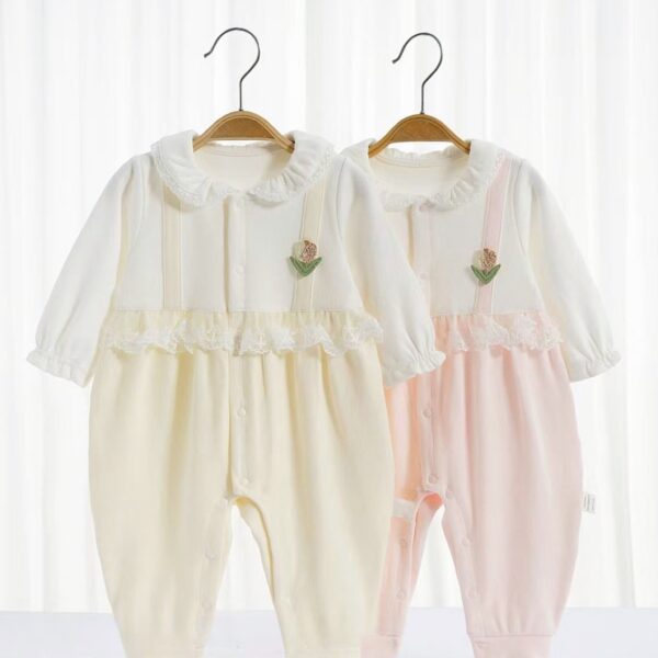 Baby Girl Cotton Lapel Neck Flower Style Long-sleeve Jumpsuit